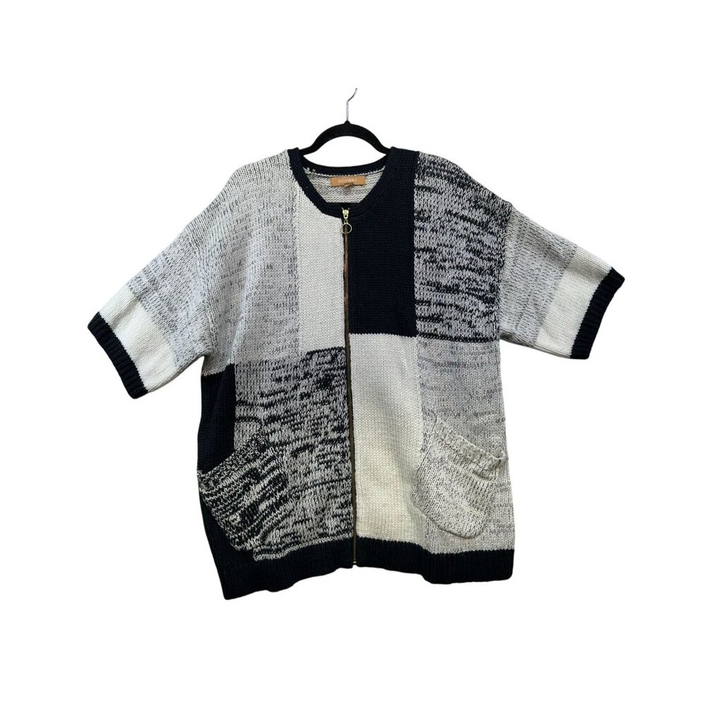 Ellen Tracy Womens Patchwork Zip Knit Cardigan Sweater XL Black & White Blend